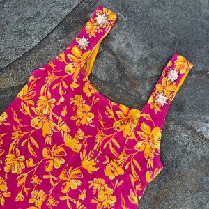 ZARA Floral Mini Dress M Pink Yellow Square Neck Embellished Straps